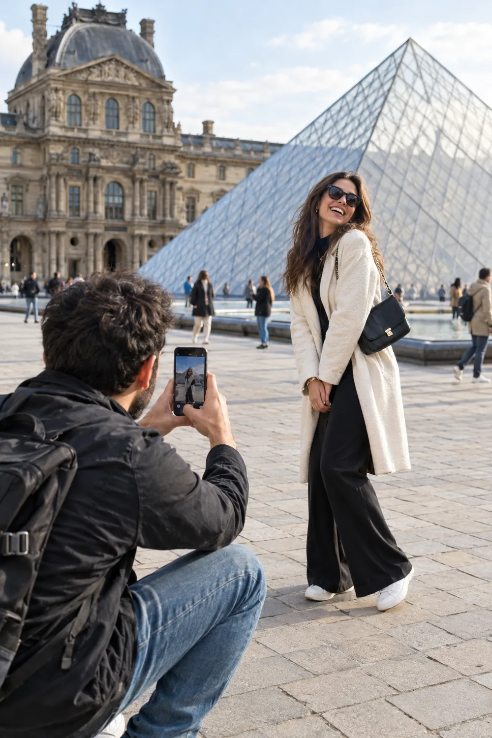 Fotógrafo de HolaFlash fotografiando a una viajera frente a la pirámide del Louvre, París