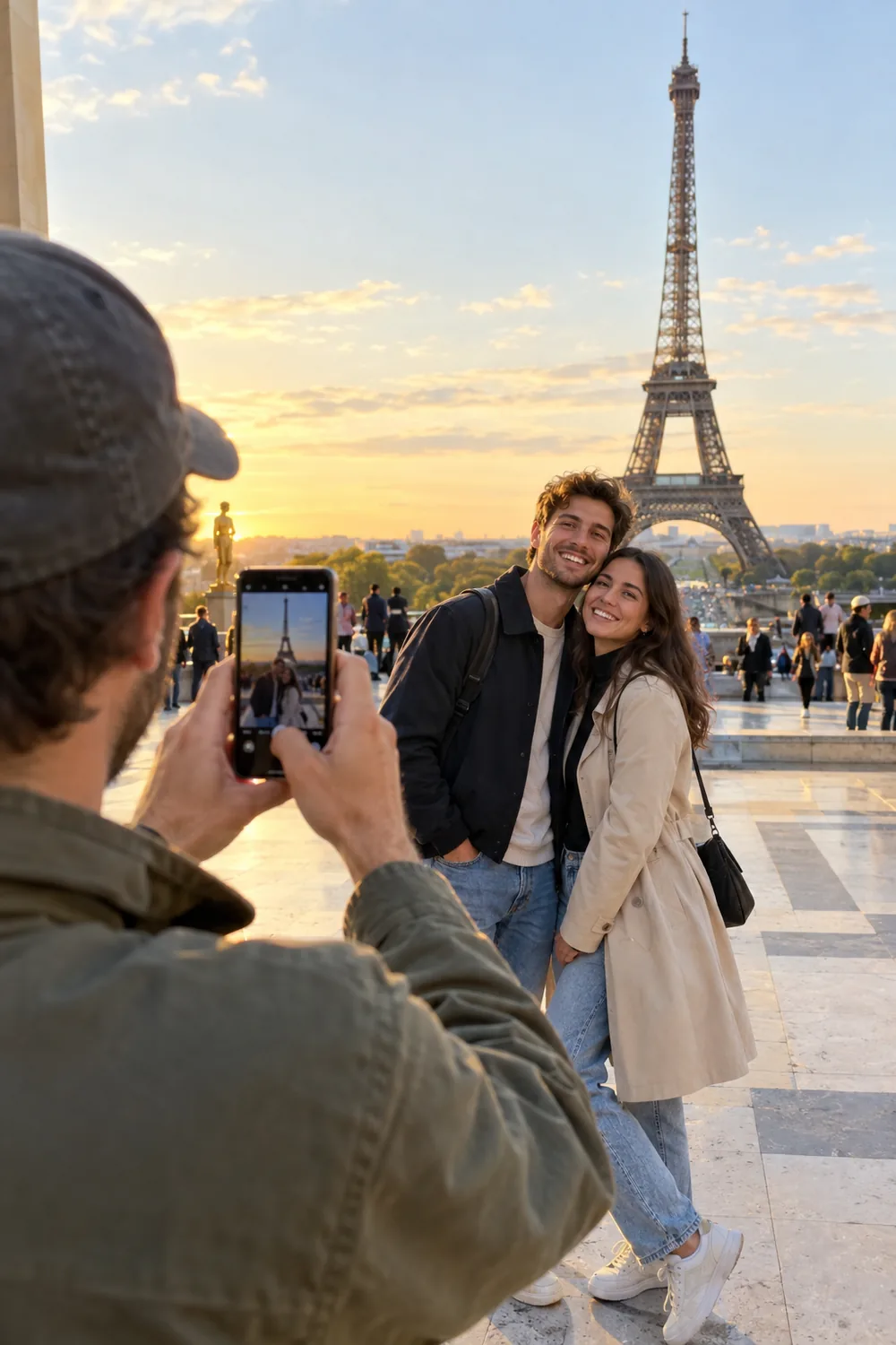 Fotógrafo de HolaFlash tomando una foto a una pareja de turistas en el Trocadéro, con la Torre Eiffel al fondo, París