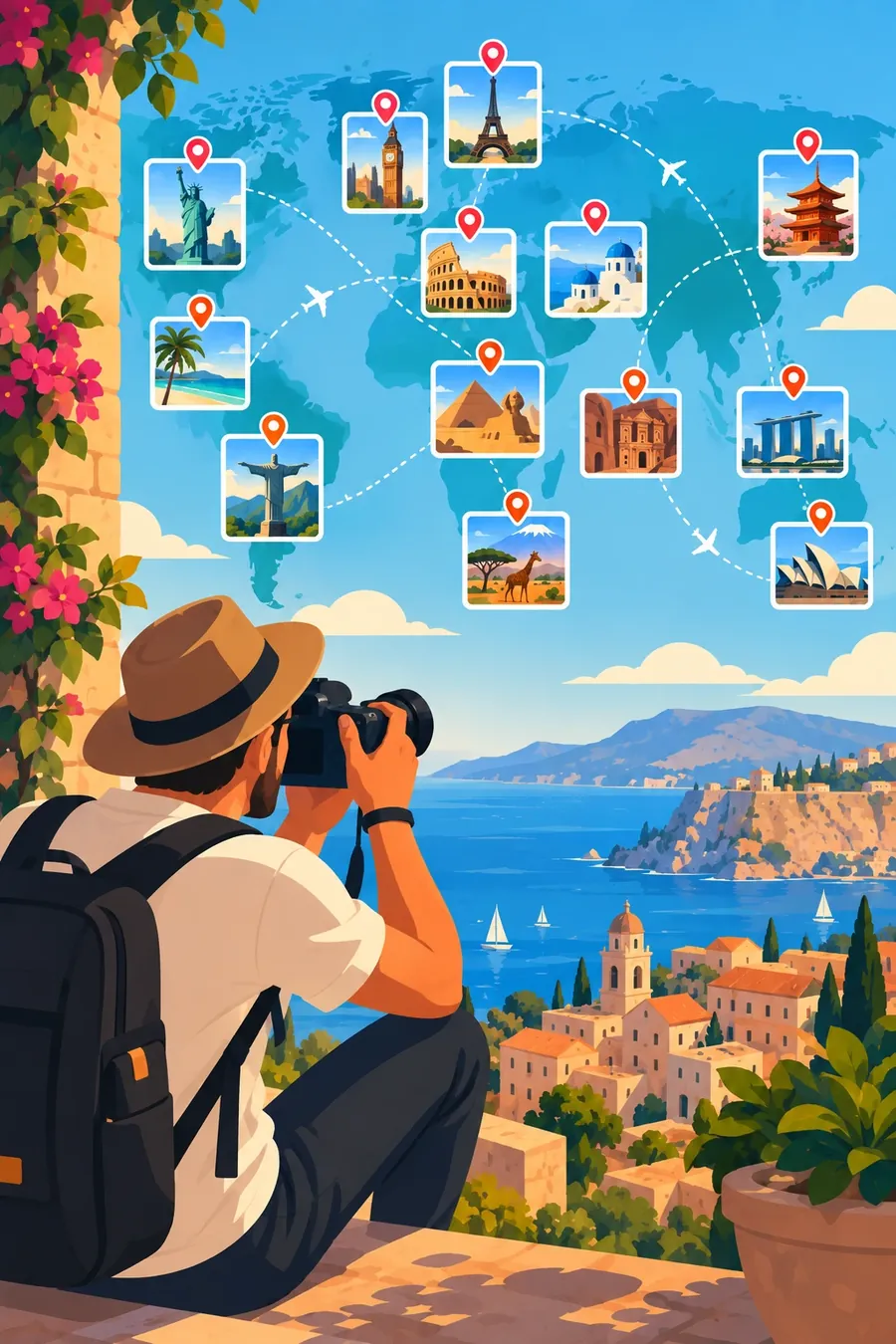 Ilustración: un viajero con cámara frente al mar mira un mapa del mundo con destinos icónicos marcados.